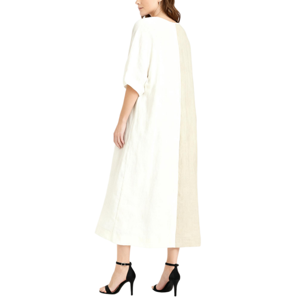 Two-Tone Cream & Beige Linen-Blend Midi Dress