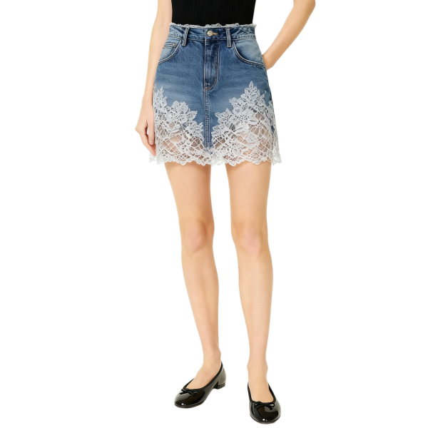 Wash Blue Denim Skirt with White Lace Trim