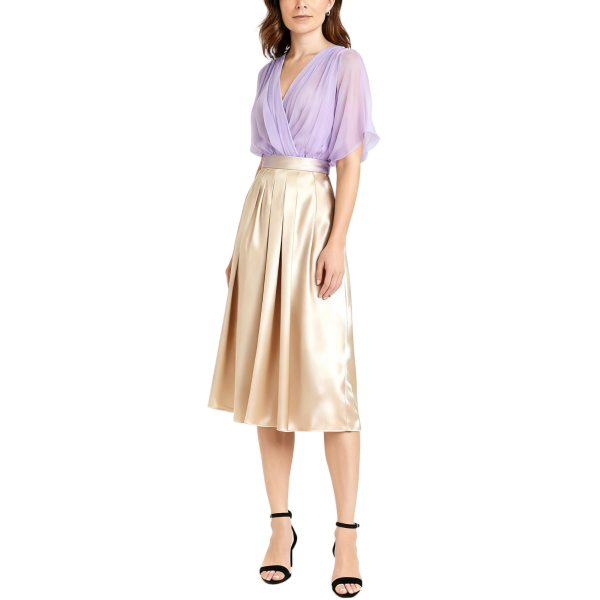 Lavender Chiffon & Gold Satin Midi Dress